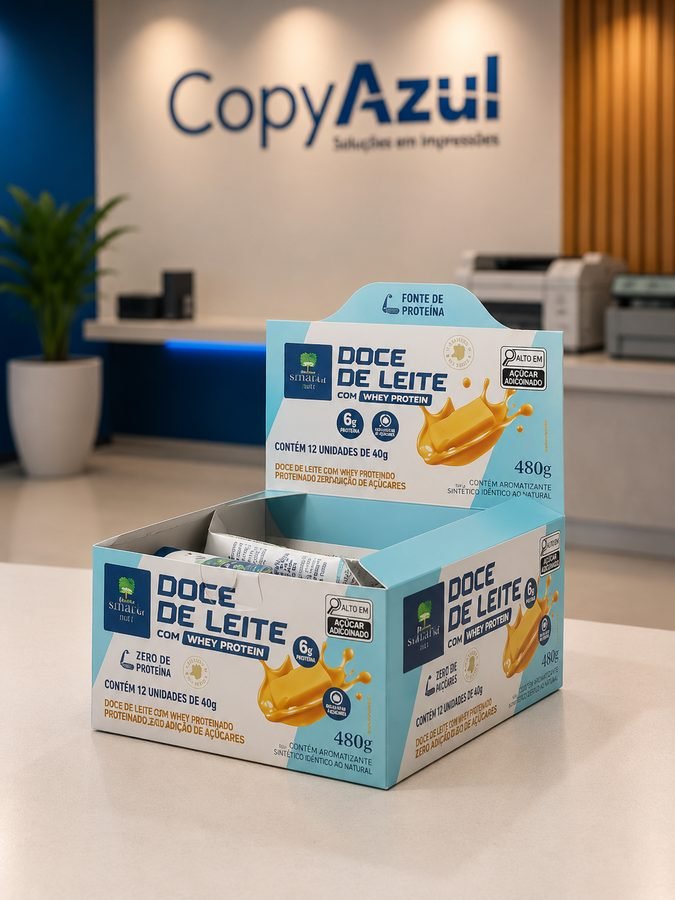 Caixa display de produto pronta para prateleira, com informação nutricional e identidade da marca