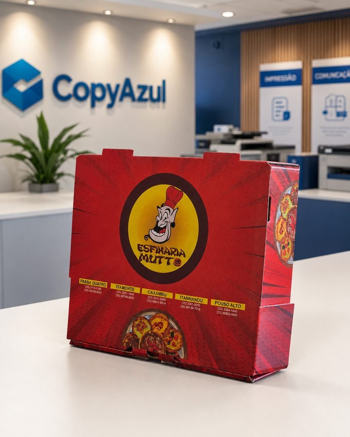Caixa de pizza personalizada, com arte colorida impressa em todas as faces