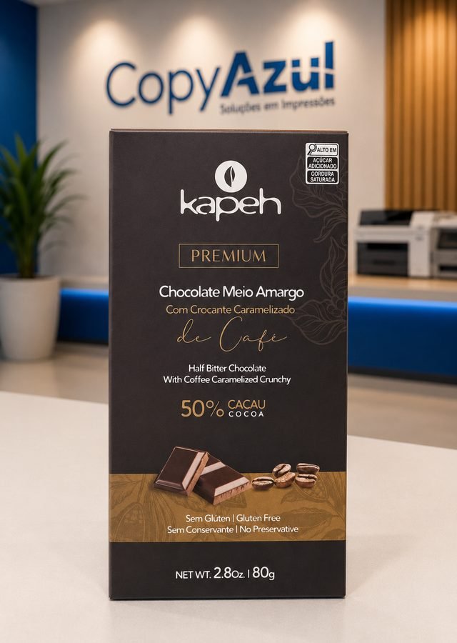 Embalagem de produto premium, com acabamento sóbrio e identidade visual de linha alta