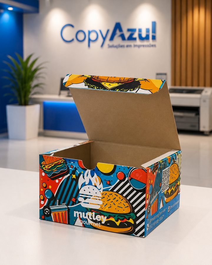 Caixa de delivery personalizada, com identidade colorida aplicada em todos os lados