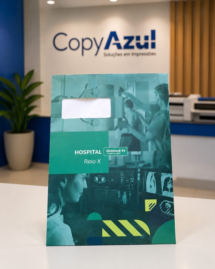 Pasta institucional personalizada, com identidade visual de clínica ou hospital