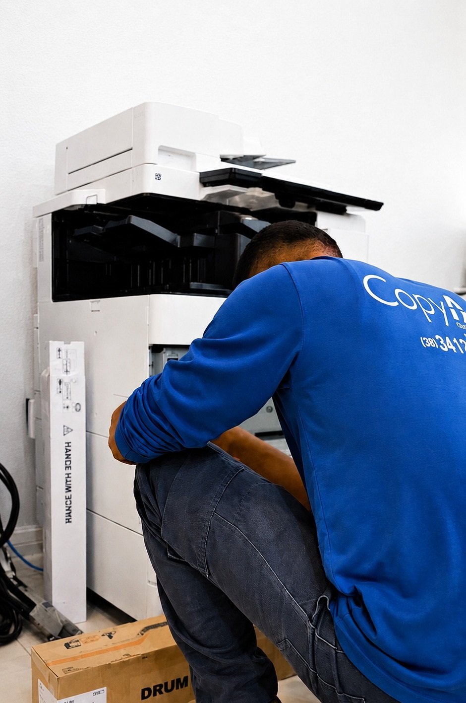 Equipe técnica CopyAzul realizando instalação de impressoras em órgão público